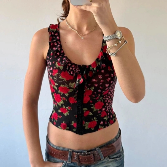 Floral Ruffle Black Top - Picture 2 of 4